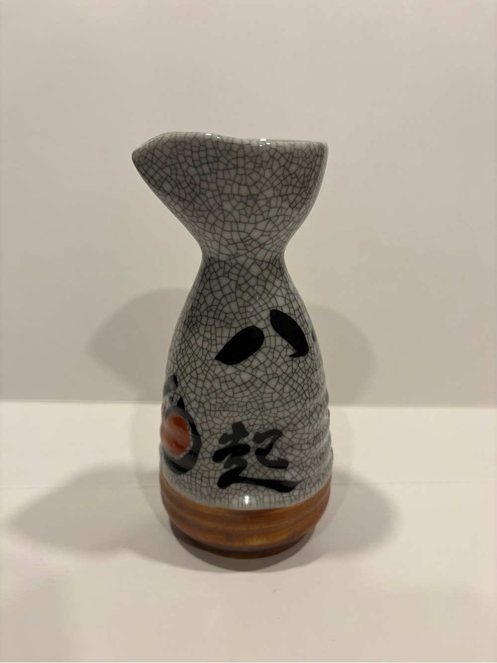 Vintage Japanese Ceramic Sake Bottle Tokkuri Crackle Glaze w/ Daruma Proverb